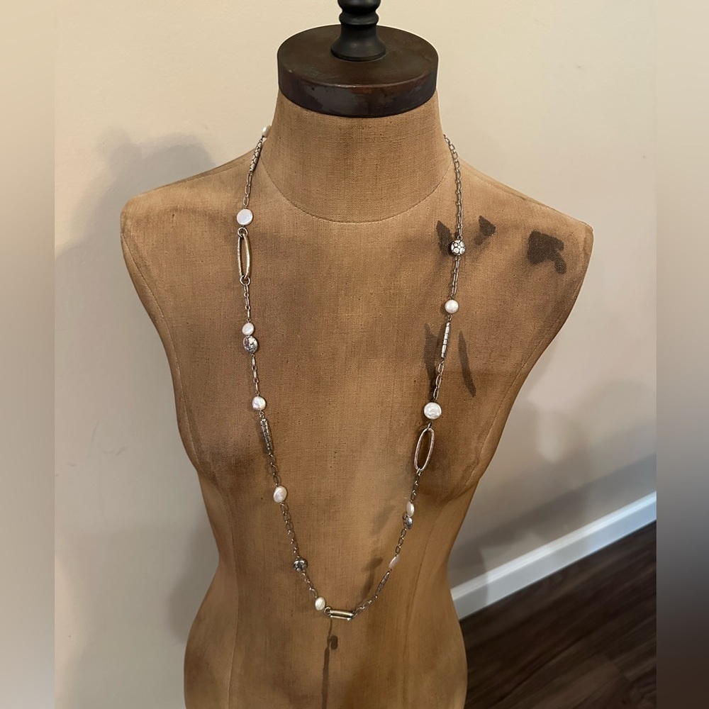 Brighton long silver and pearl necklace